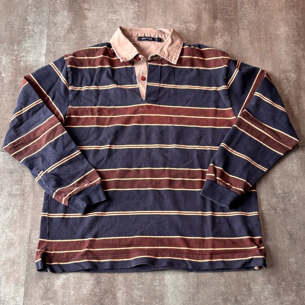 Nautica Striped Rugby Sweater Mens Large Brown Blue